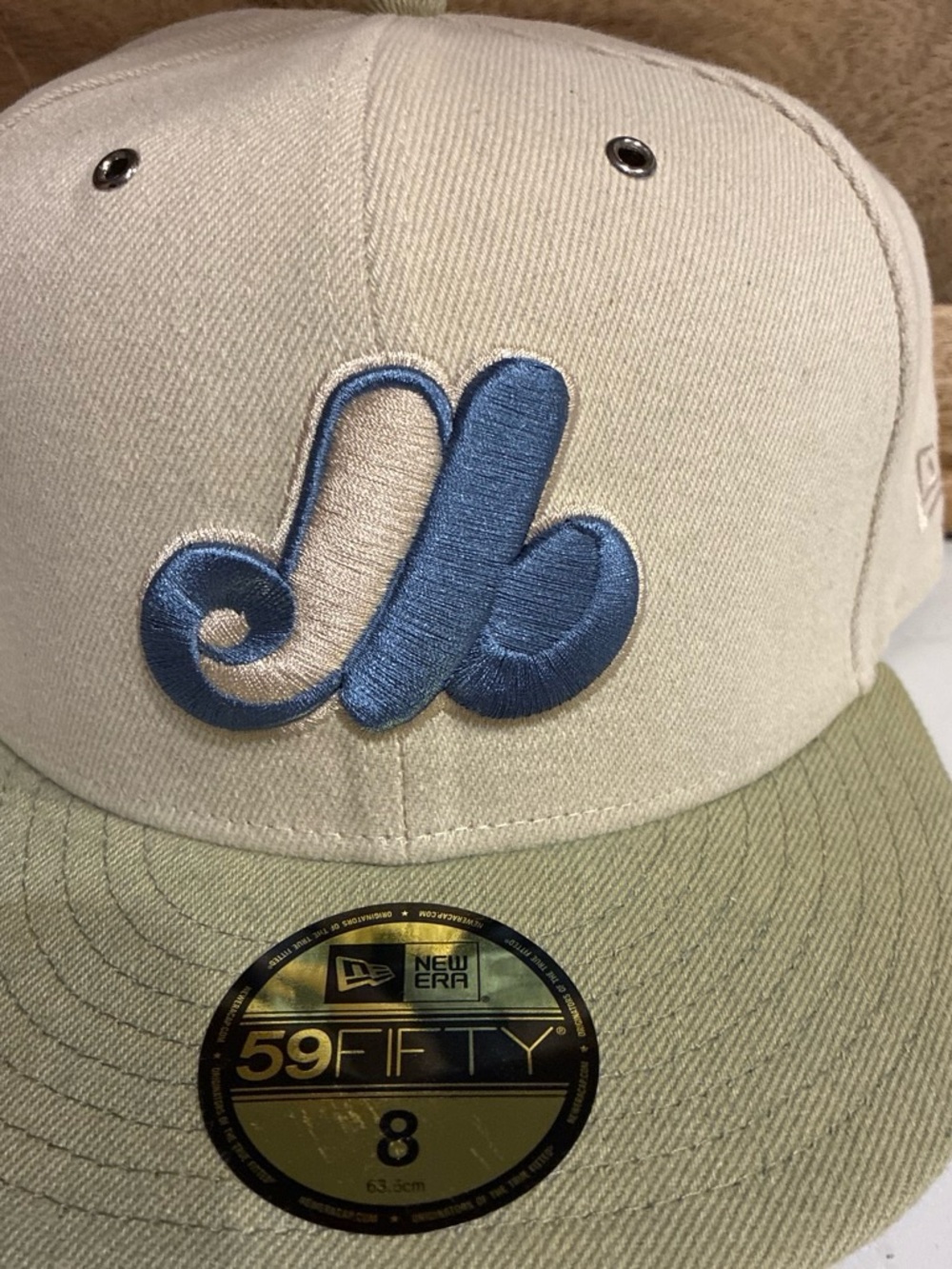 New Era Beige & Light Green 59FIFTY Fitted Cap with Blue Embroidered Logo